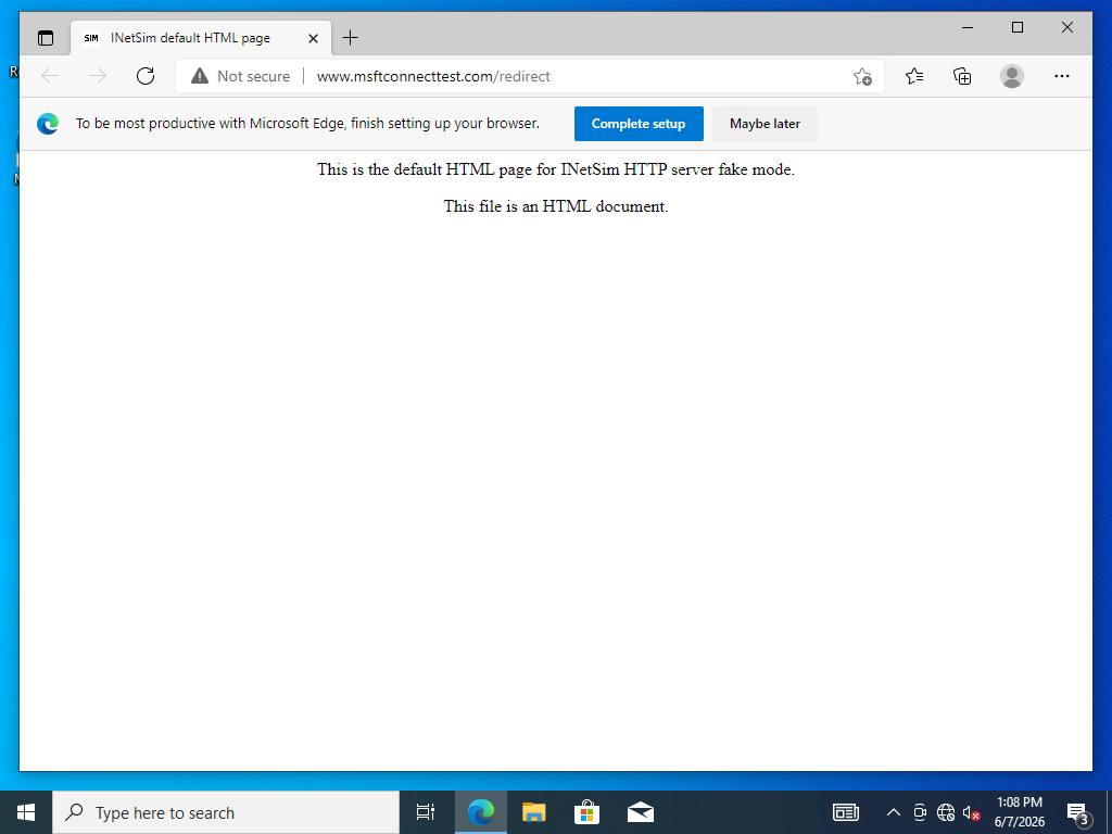Containment dry-run: inside the sealed lab the victim VM reaches only the INetSim sinkhole, never the real internet.