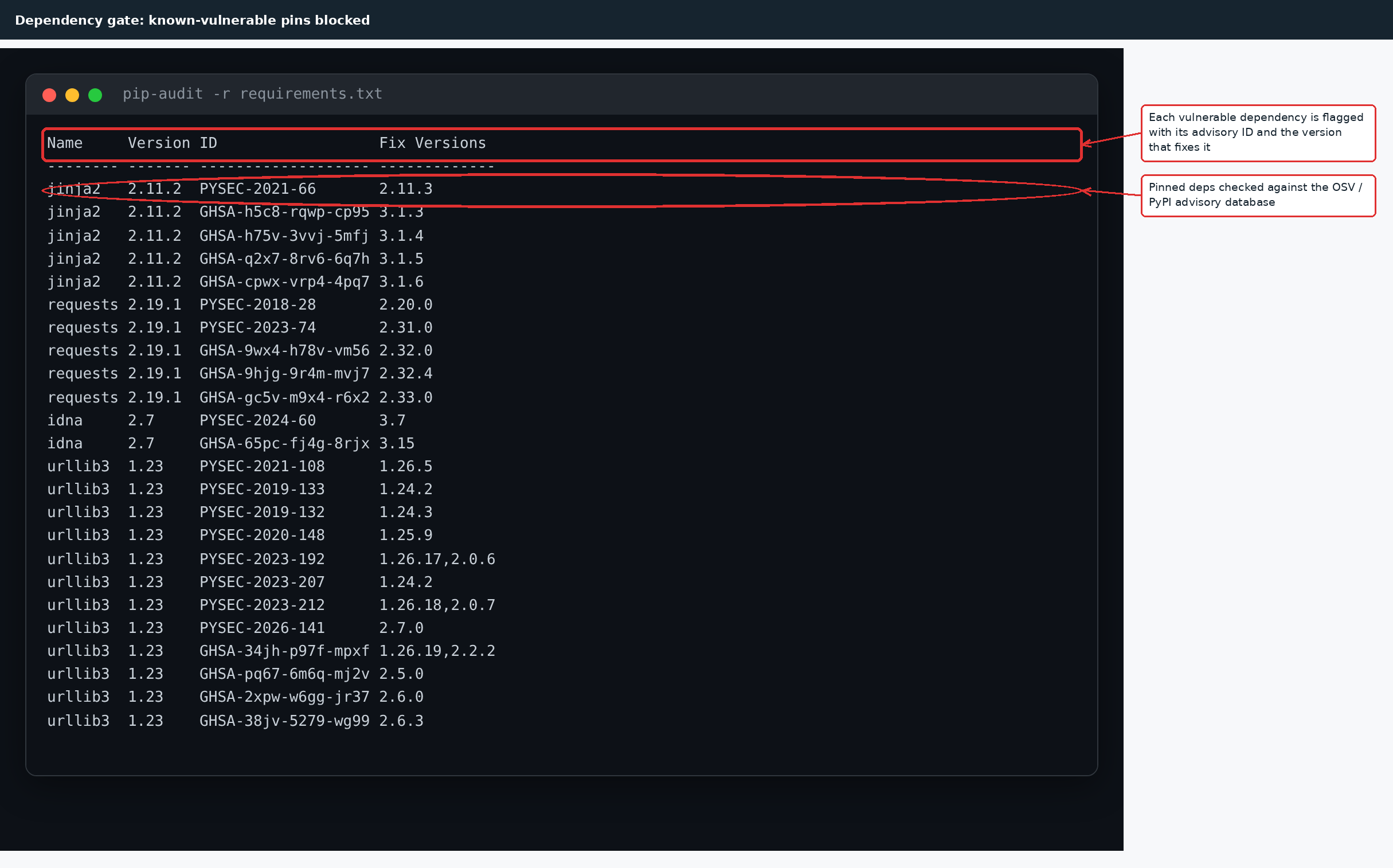 pip-audit failing the dependency gate on a pinned package with a known advisory.